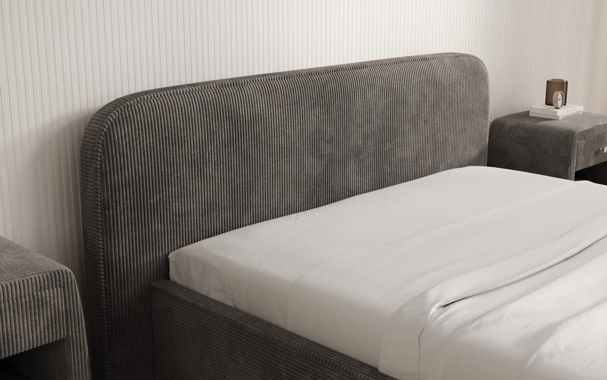 Designer gestoffeerd bed Nola in Ribstof met opbergruimte