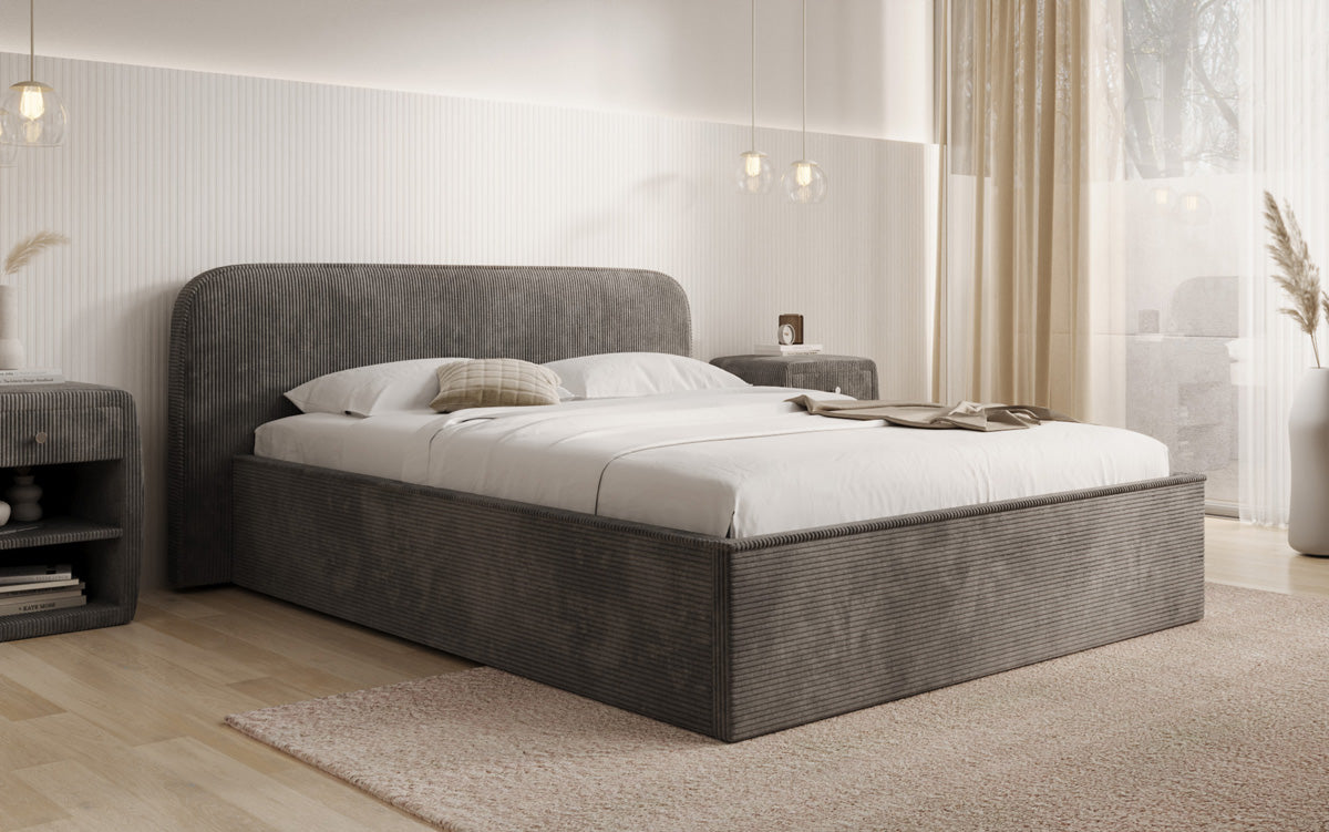 Designer gestoffeerd bed Nola in Ribstof met opbergruimte