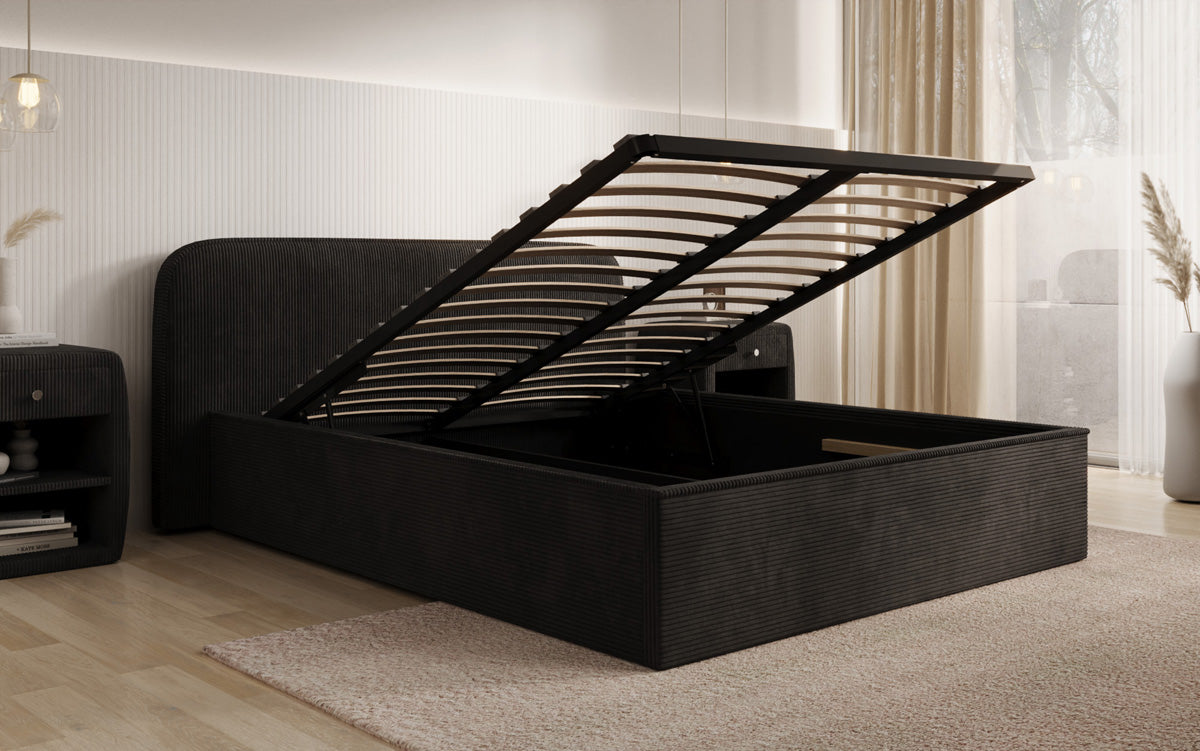 Designer gestoffeerd bed Nola in Ribstof met opbergruimte