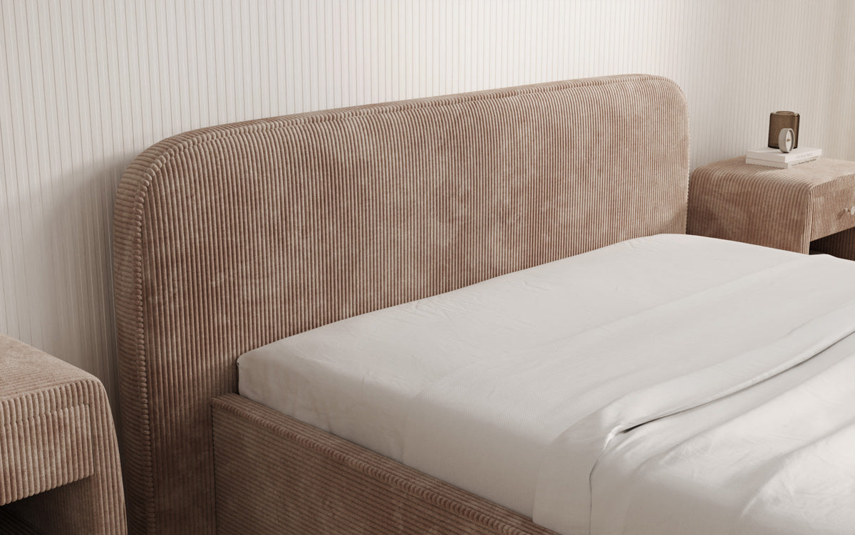 Designer gestoffeerd bed Nola in Ribstof met opbergruimte