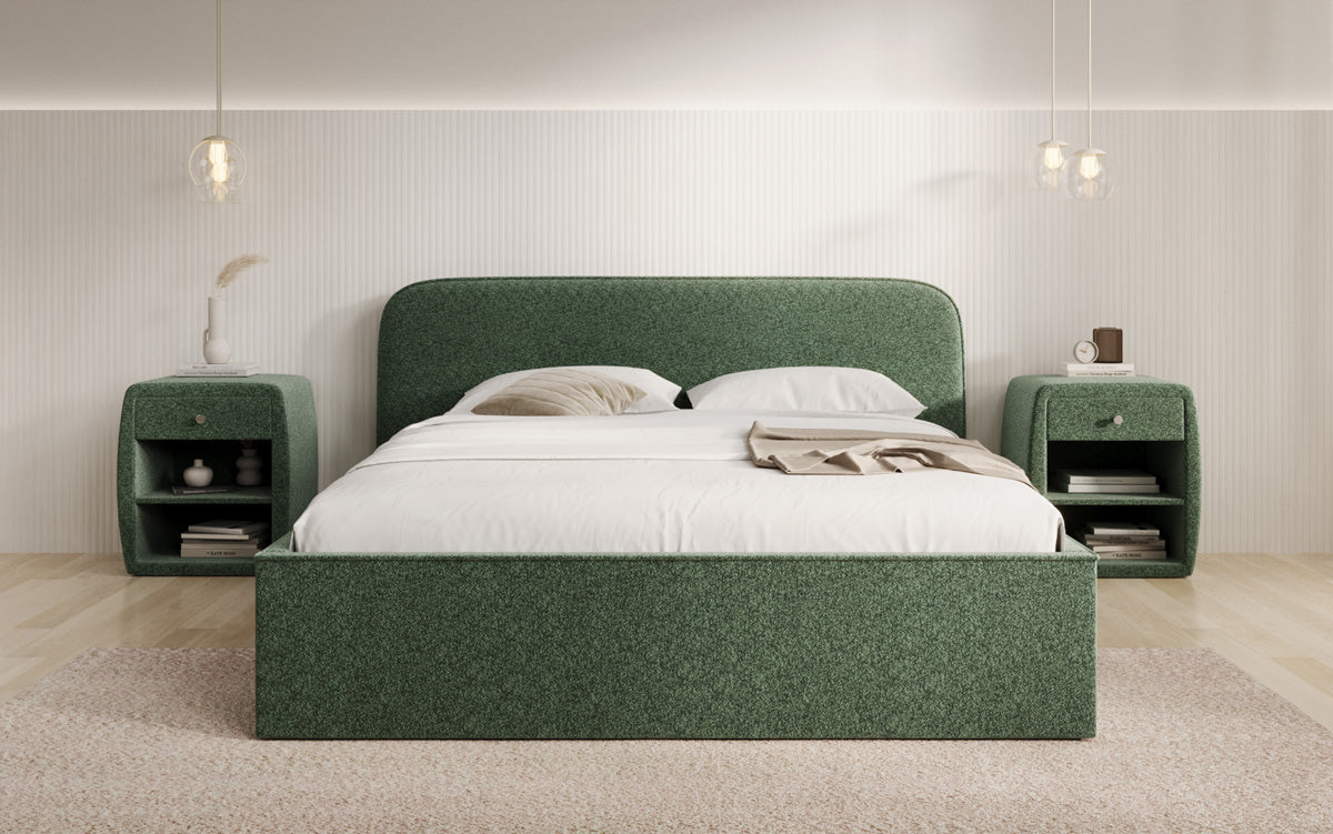 Designer gestoffeerd bed Nola in structuurstof met opbergruimte