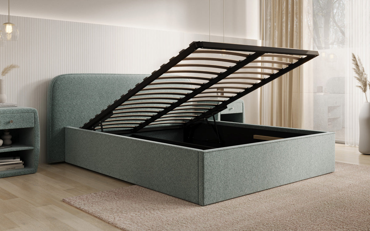 Designer gestoffeerd bed Nola in structuurstof met opbergruimte