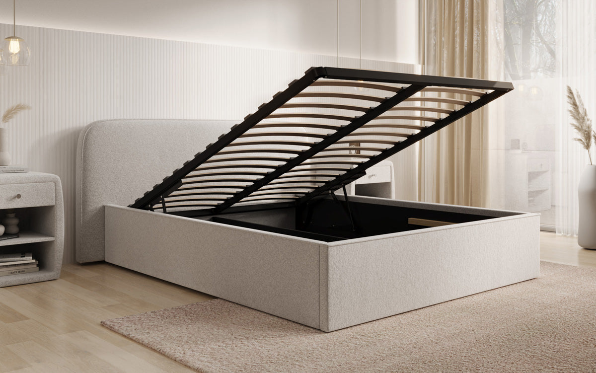 Designer gestoffeerd bed Nola in structuurstof met opbergruimte
