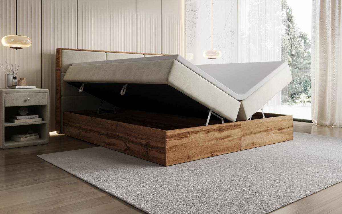 Boxspringbed Timber Panel met opbergruimte in Fluweel