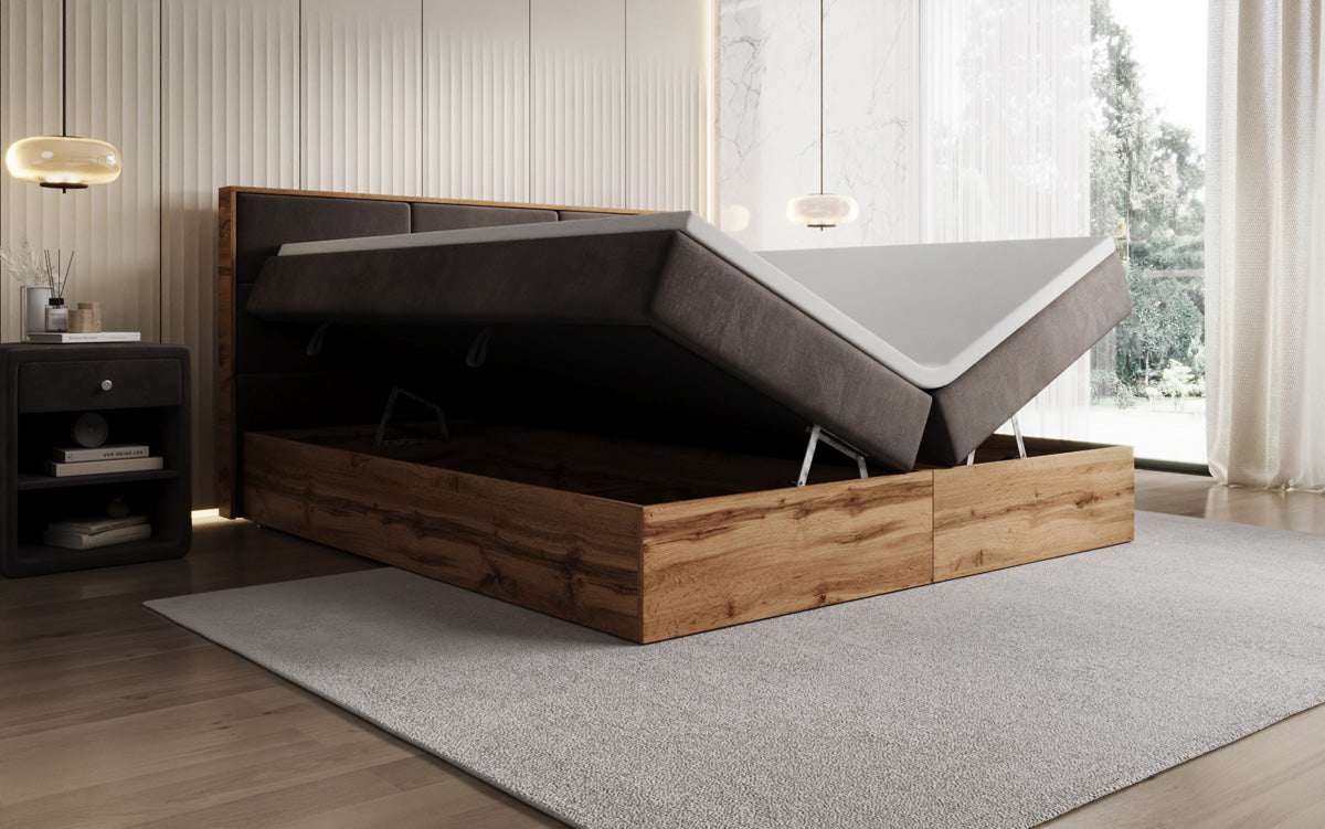 Boxspringbed Timber Panel met opbergruimte in Fluweel