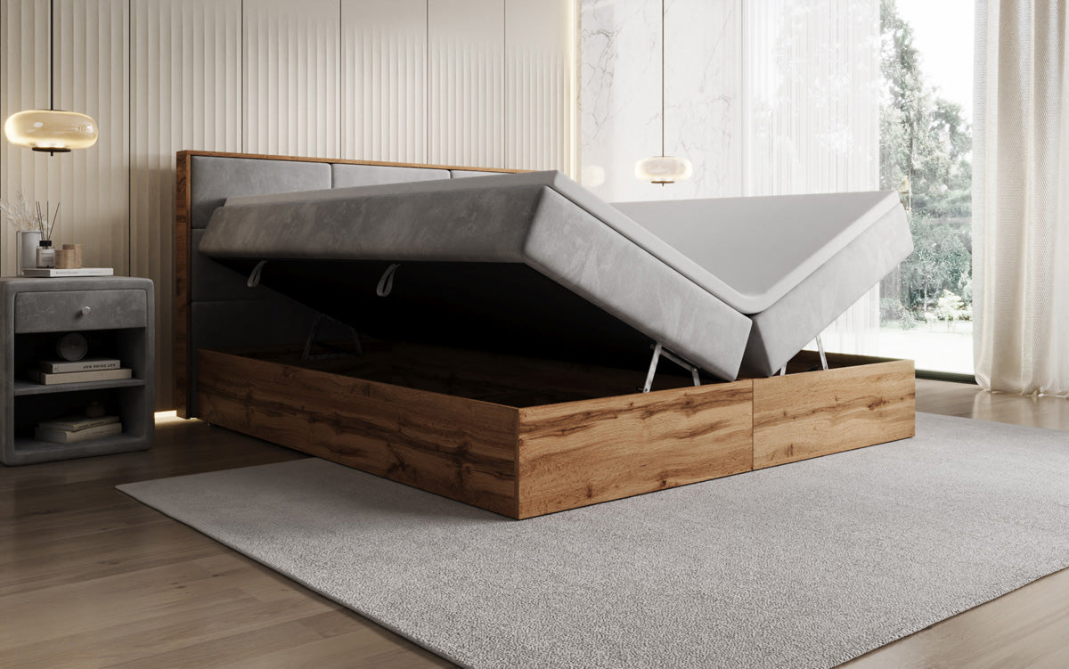 Boxspringbed Timber Panel met opbergruimte in Fluweel