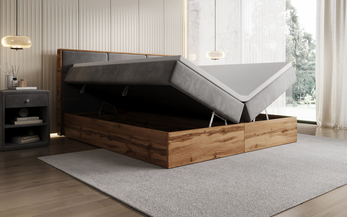 Boxspringbed Timber Panel met opbergruimte in Fluweel