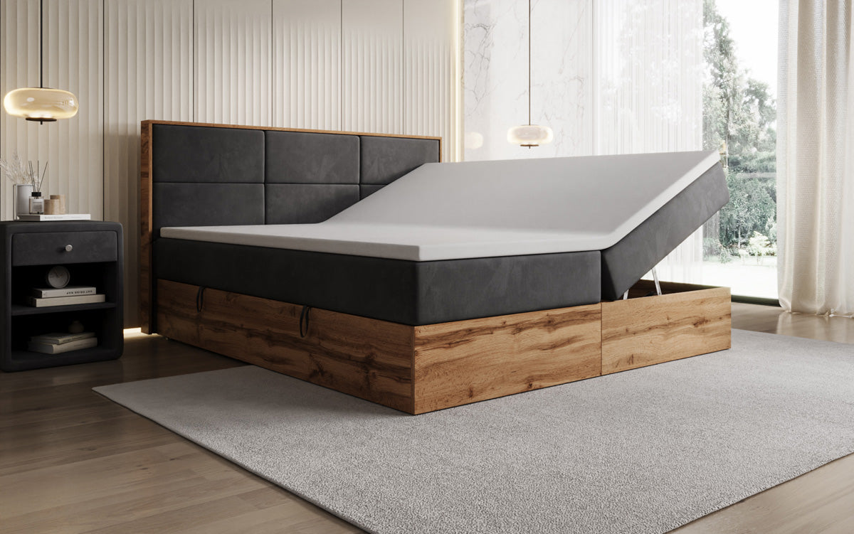 Boxspringbed Timber Panel met opbergruimte in Fluweel