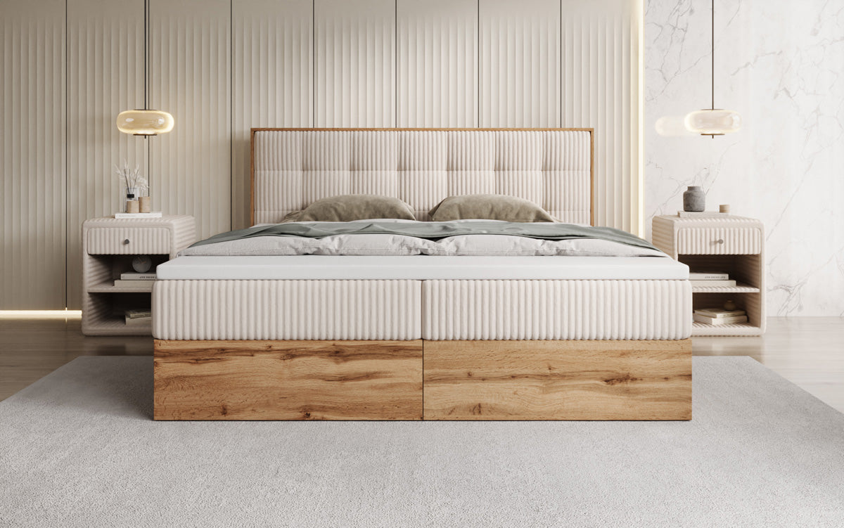 Boxspringbed Timber Quad in Ribstof met opbergruimte