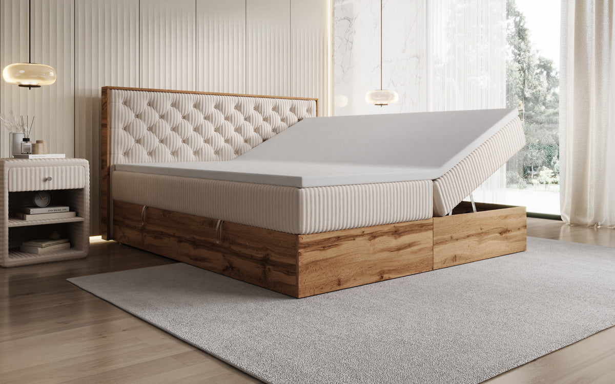 Boxspringbed Timber Chester in Ribstof met opbergruimte