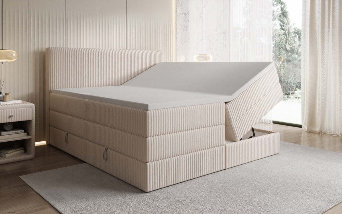 Boxspringbed Kubo King in Ribstof met opbergruimte
