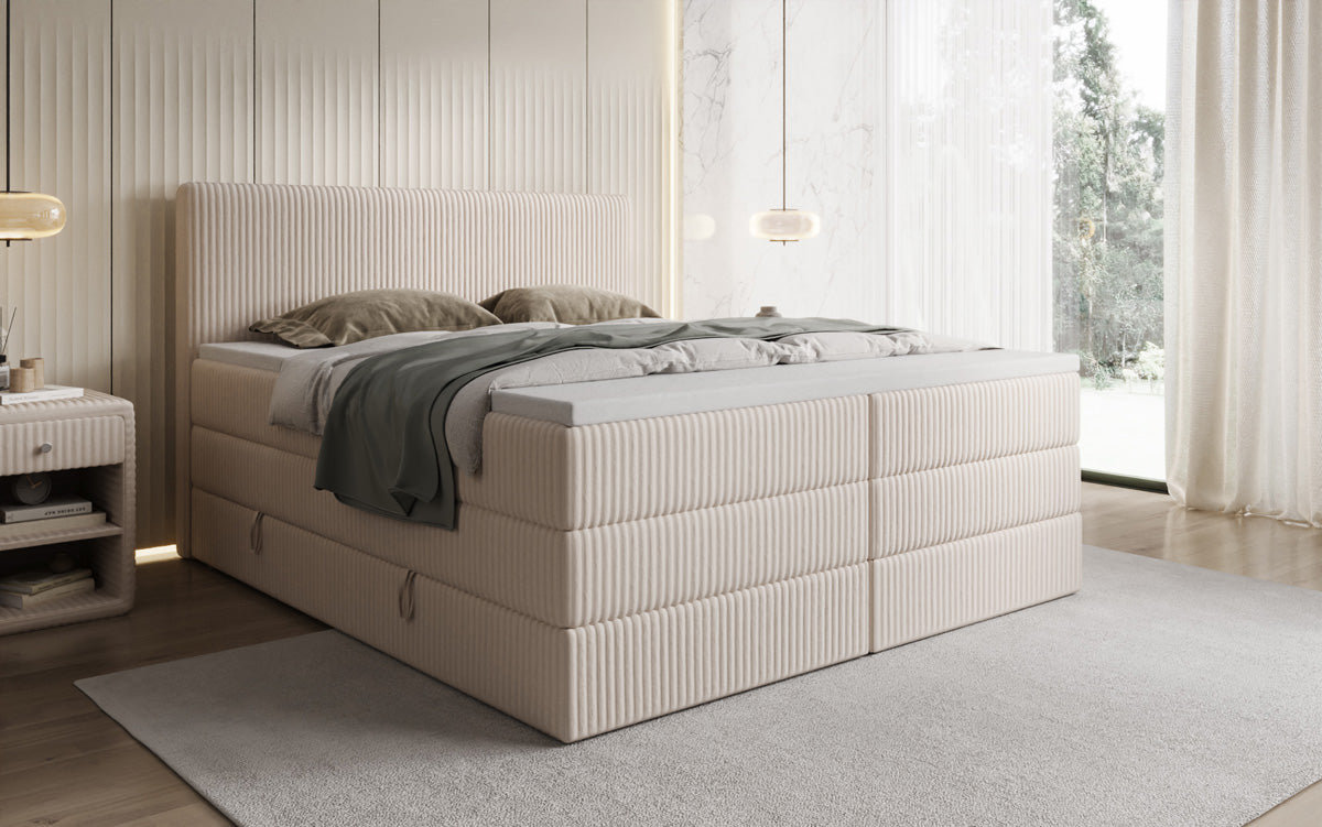 Boxspringbed Kubo King in Ribstof met opbergruimte