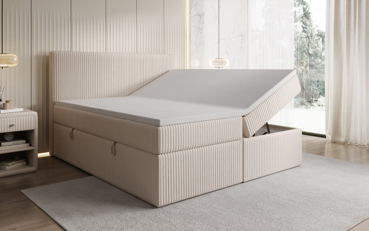 Boxspringbed Kubo in Ribstof met opbergruimte