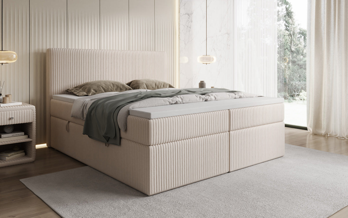 Boxspringbed Kubo in Ribstof met opbergruimte