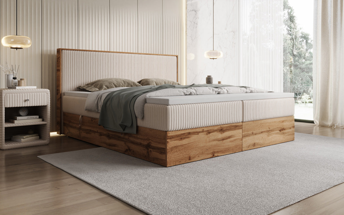 Boxspringbed Timber in Ribstof met opbergruimte