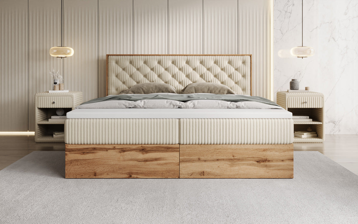 Boxspringbed Timber Chester in Ribstof met opbergruimte