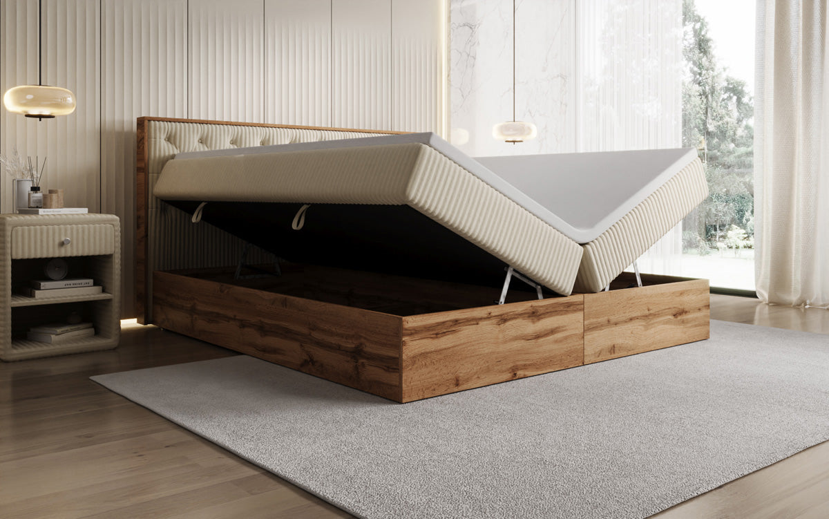 Boxspringbed Timber Chester in Ribstof met opbergruimte