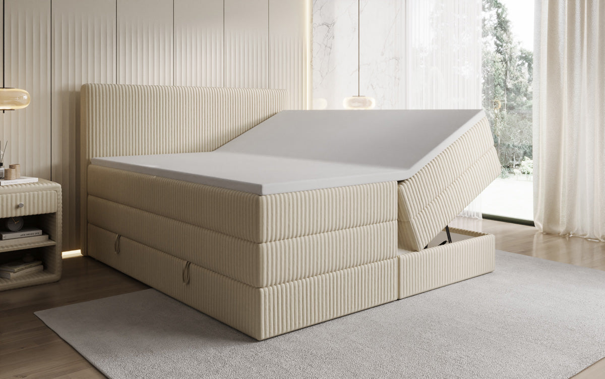 Boxspringbed Kubo King in Ribstof met opbergruimte
