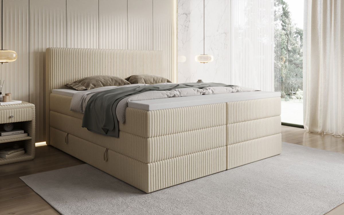 Boxspringbed Kubo King in Ribstof met opbergruimte