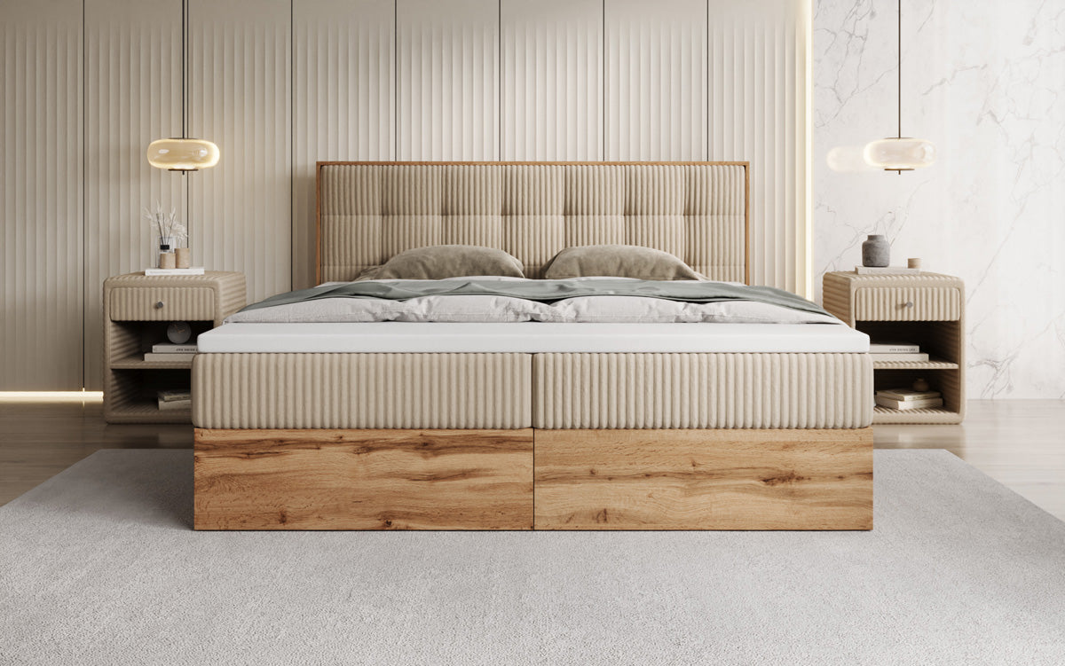 Boxspringbed Timber Quad in Ribstof met opbergruimte