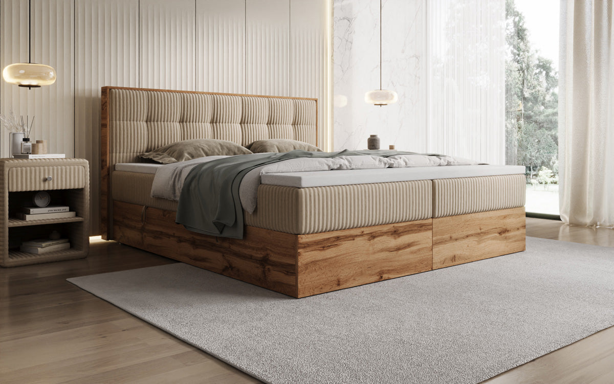Boxspringbed Timber Quad in Ribstof met opbergruimte