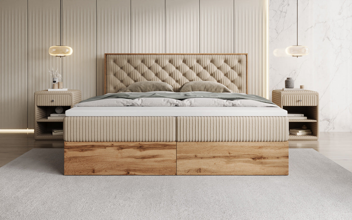 Boxspringbed Timber Chester in Ribstof met opbergruimte