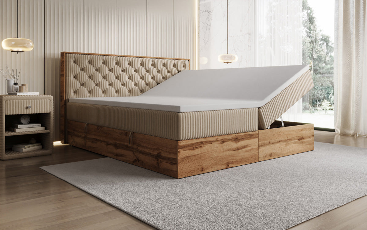 Boxspringbed Timber Chester in Ribstof met opbergruimte
