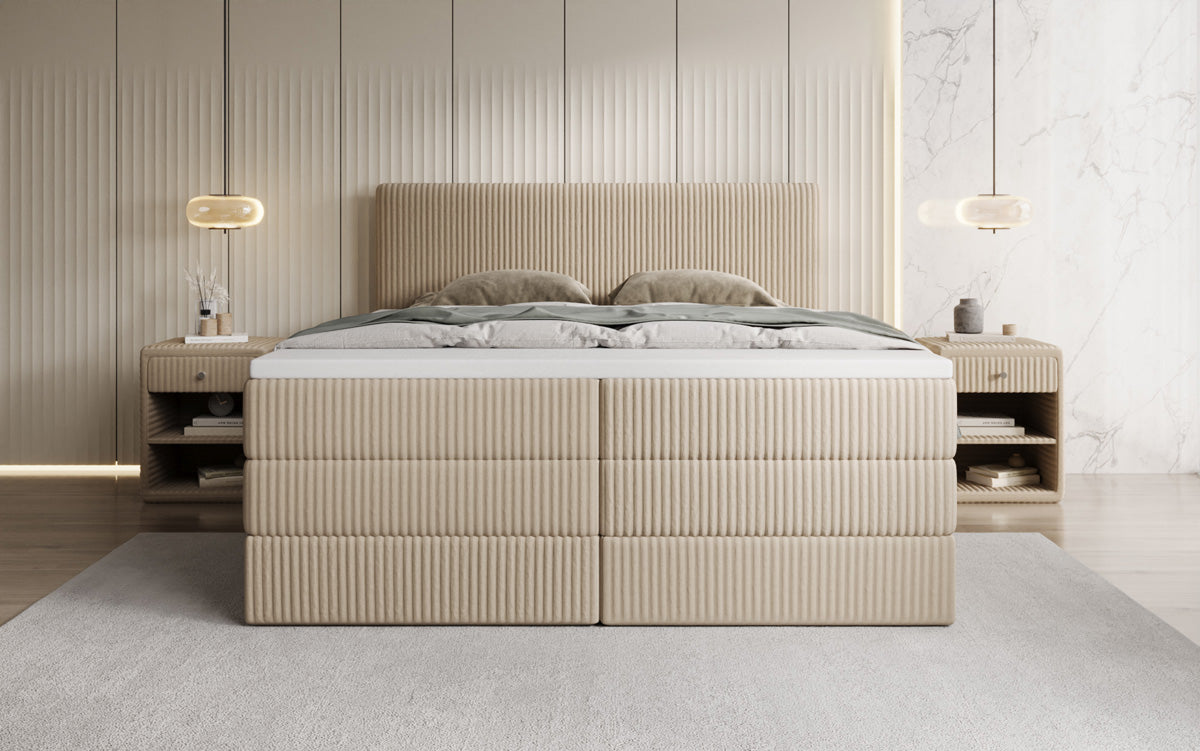 Boxspringbed Kubo King in Ribstof met opbergruimte