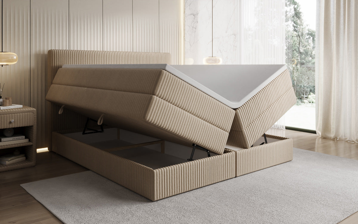 Boxspringbed Kubo King in Ribstof met opbergruimte