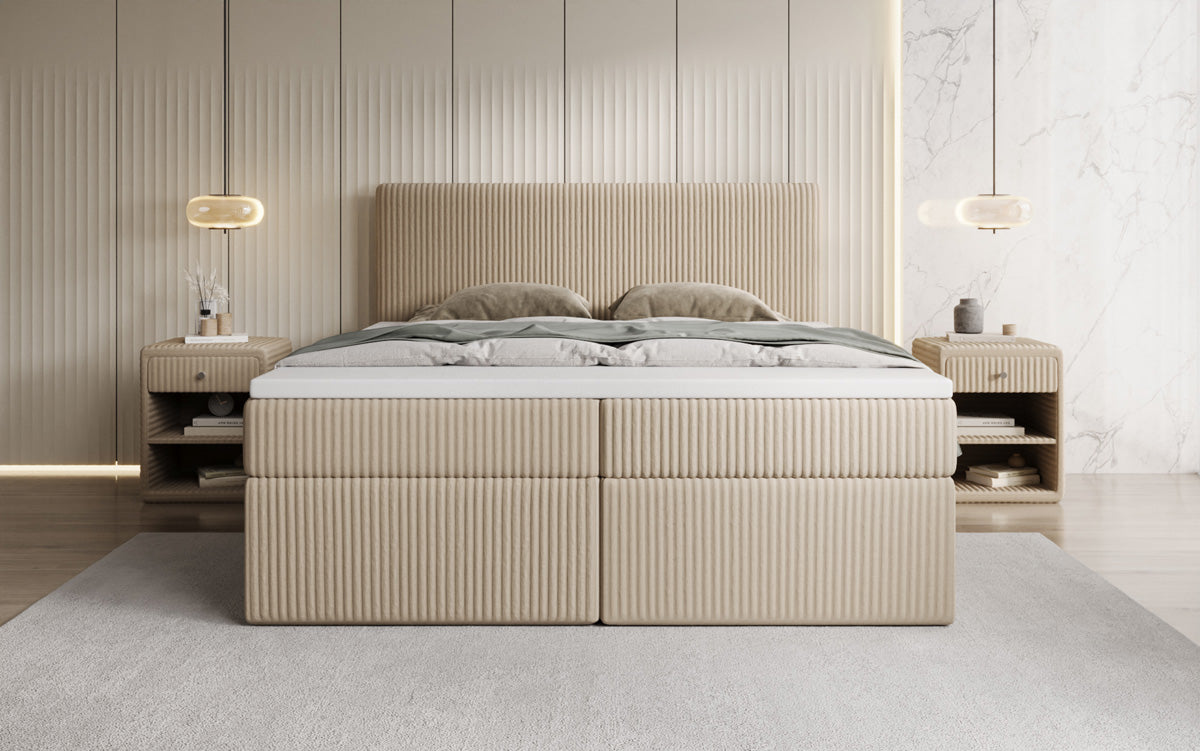 Boxspringbed Kubo in Ribstof met opbergruimte