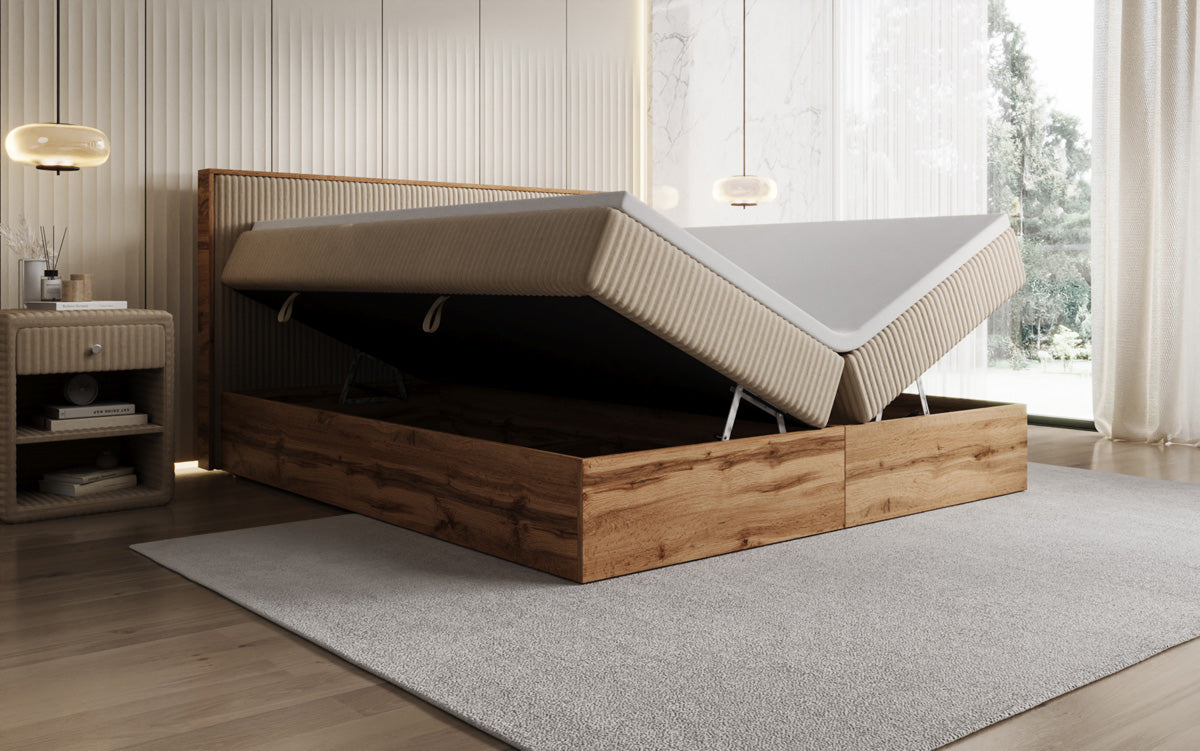 Boxspringbed Timber in Ribstof met opbergruimte
