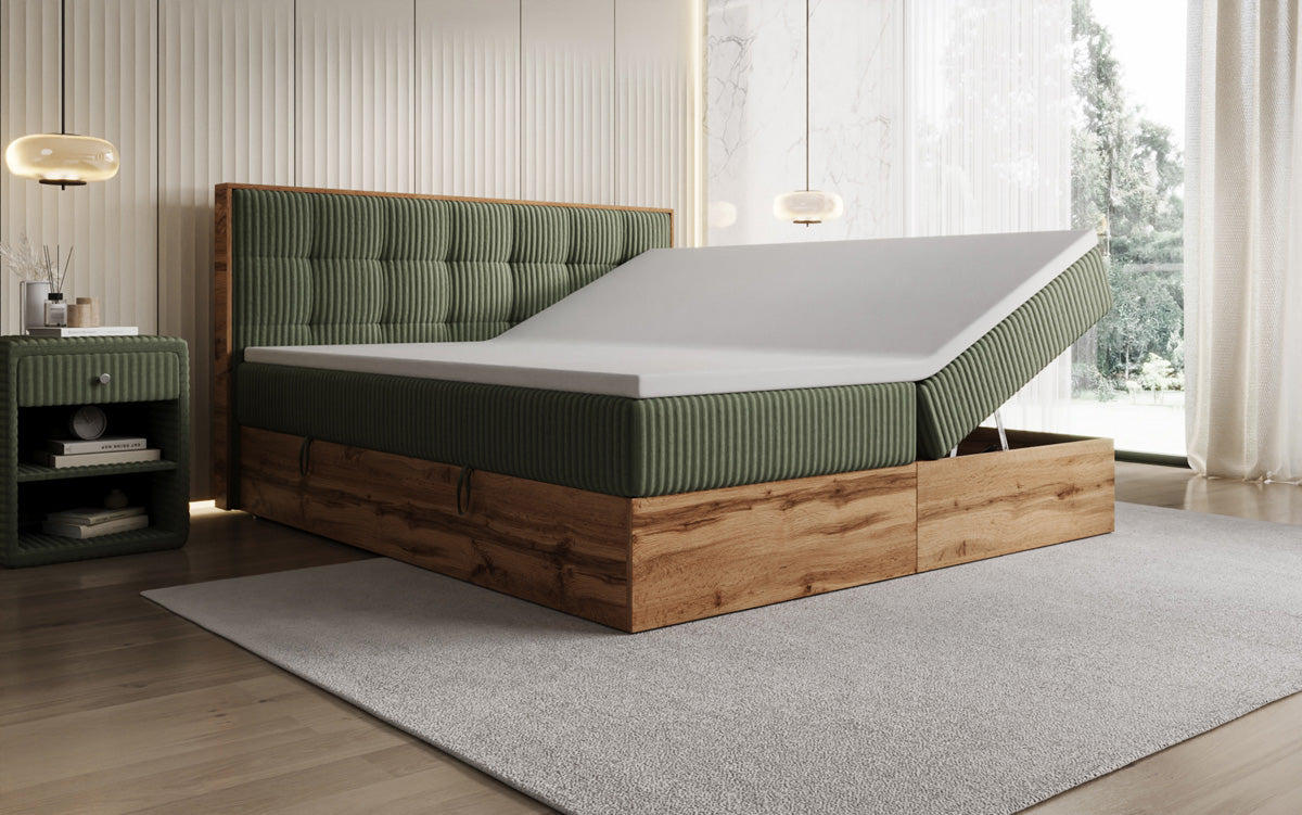 Boxspringbed Timber Quad in Ribstof met opbergruimte
