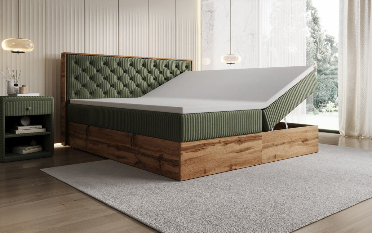 Boxspringbed Timber Chester in Ribstof met opbergruimte
