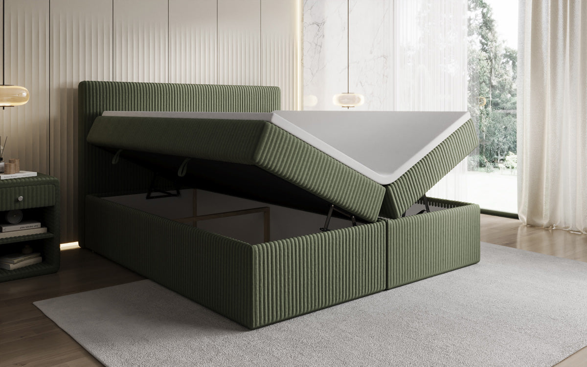 Boxspringbed Kubo in Ribstof met opbergruimte
