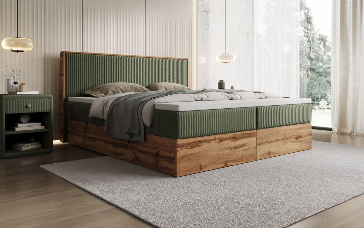 Boxspringbed Timber in Ribstof met opbergruimte