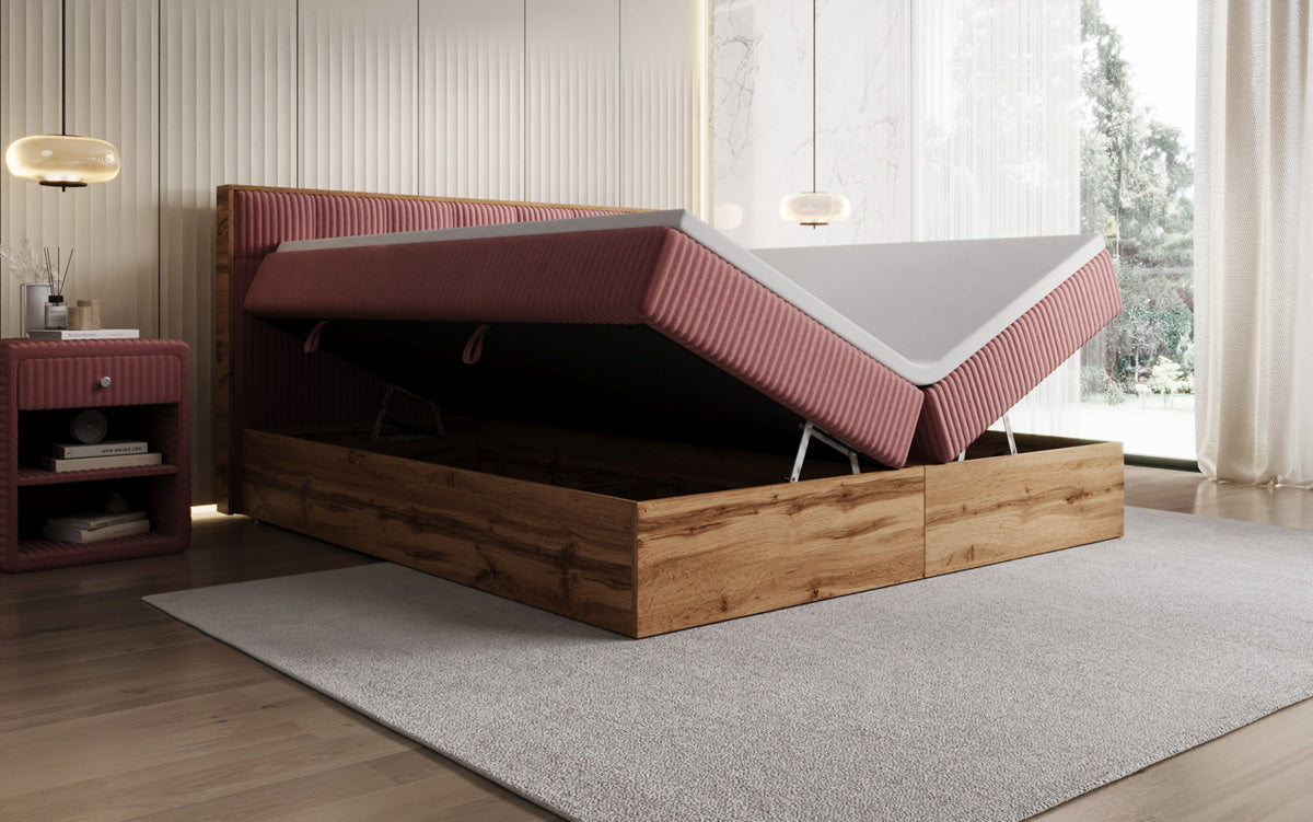 Boxspringbed Timber Quad in Ribstof met opbergruimte