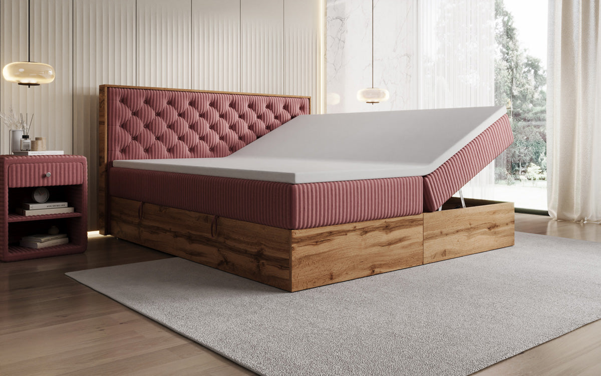Boxspringbed Timber Chester in Ribstof met opbergruimte