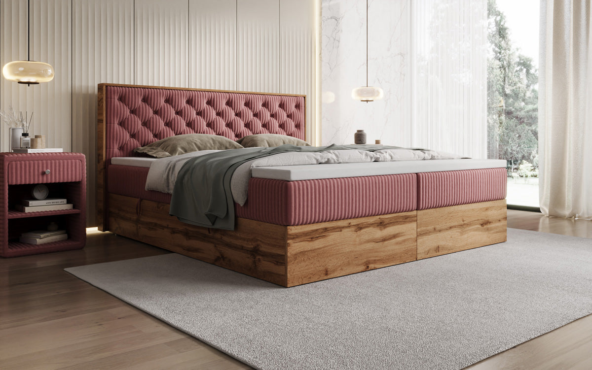 Boxspringbed Timber Chester in Ribstof met opbergruimte