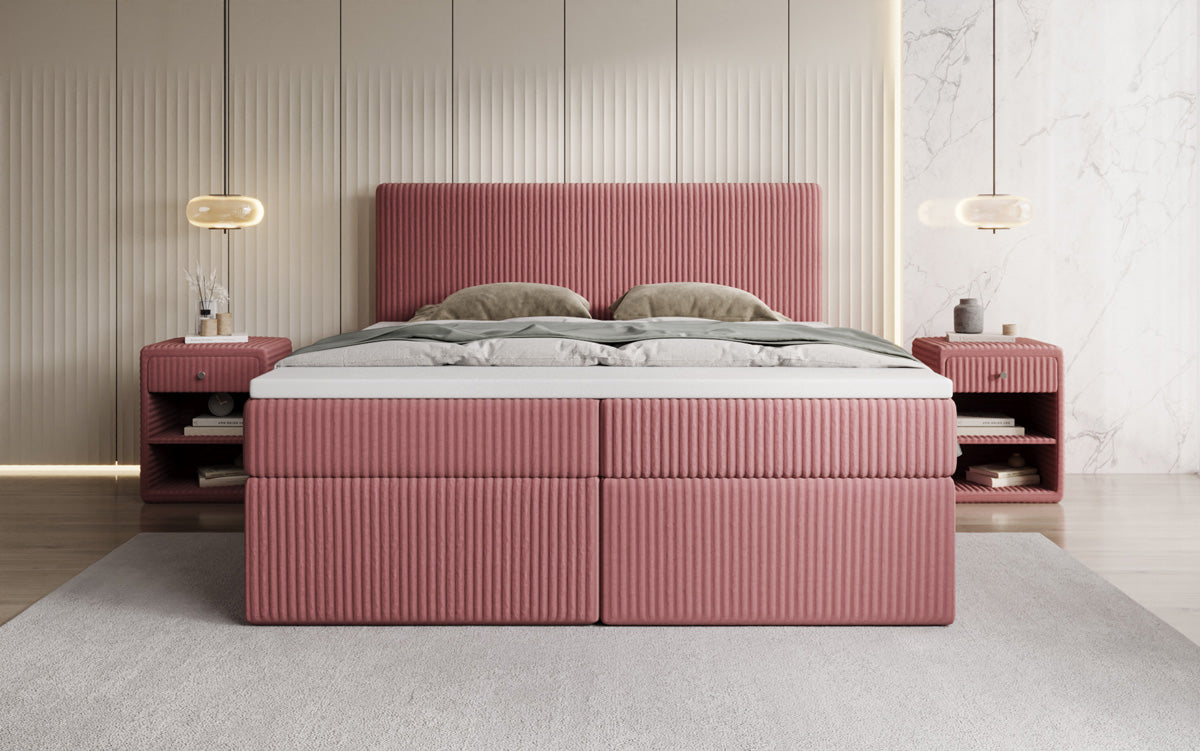 Boxspringbed Kubo in Ribstof met opbergruimte