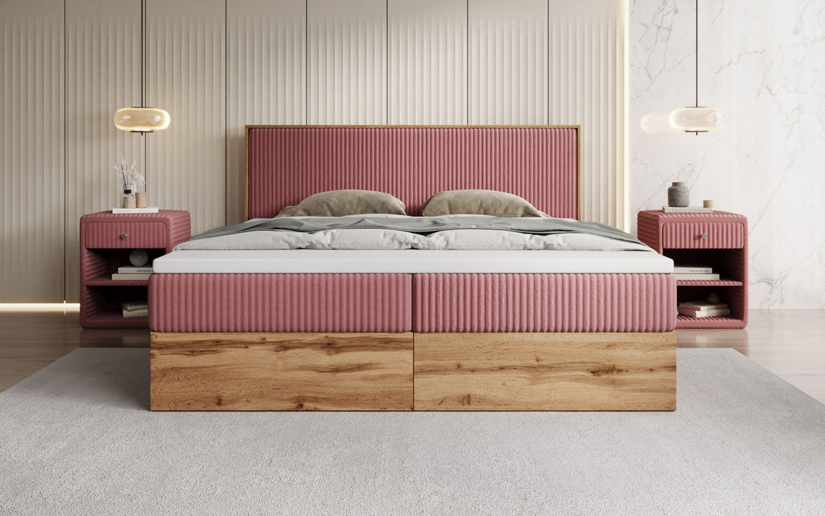 Boxspringbed Timber in Ribstof met opbergruimte