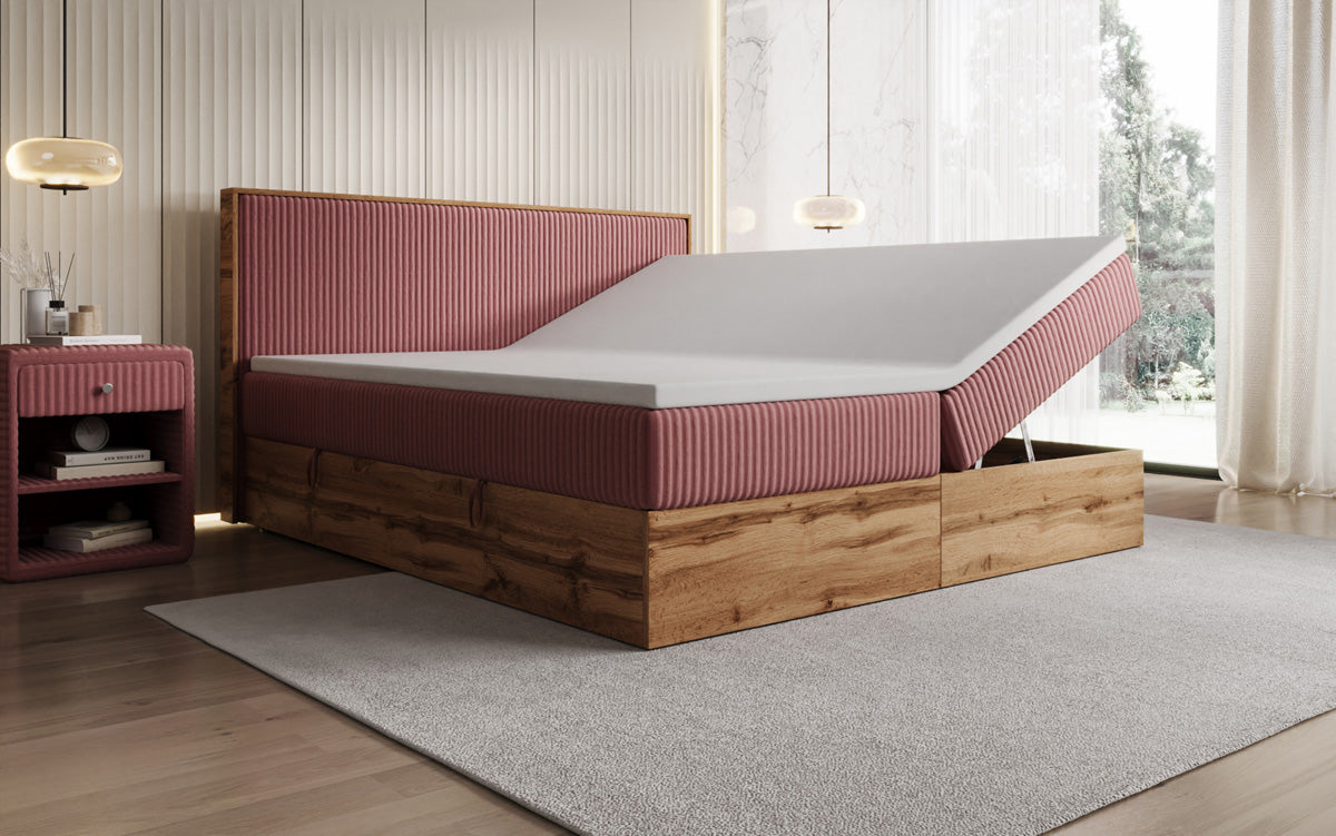Boxspringbed Timber in Ribstof met opbergruimte