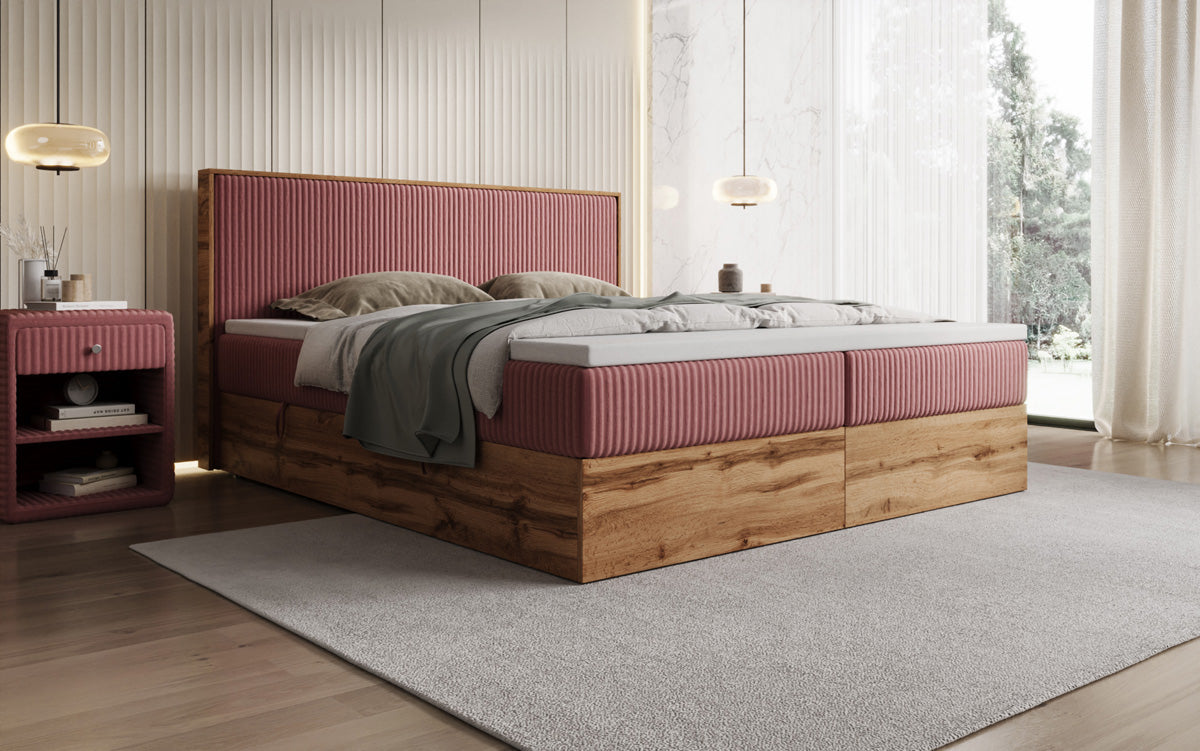 Boxspringbed Timber in Ribstof met opbergruimte