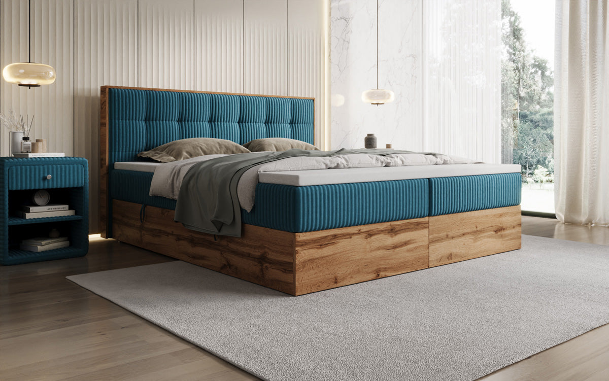 Boxspringbed Timber Quad in Ribstof met opbergruimte
