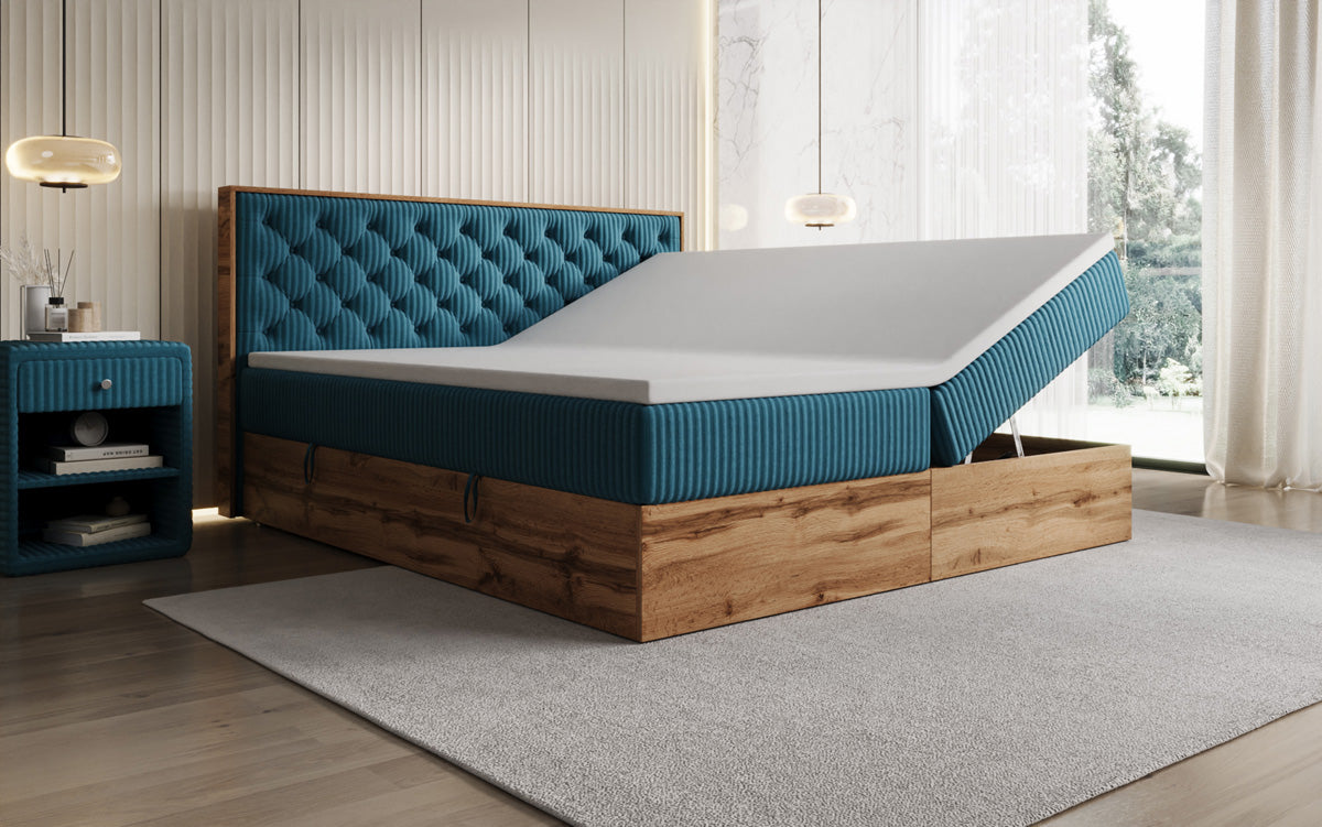 Boxspringbed Timber Chester in Ribstof met opbergruimte