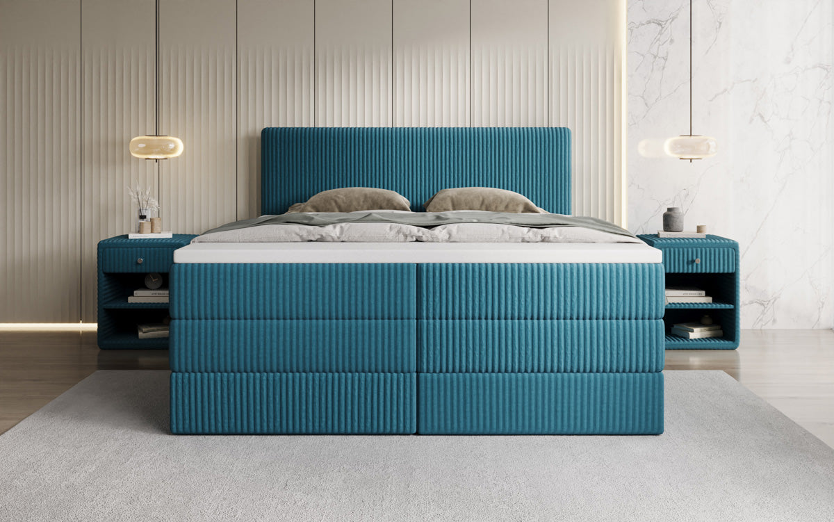 Boxspringbed Kubo King in Ribstof met opbergruimte
