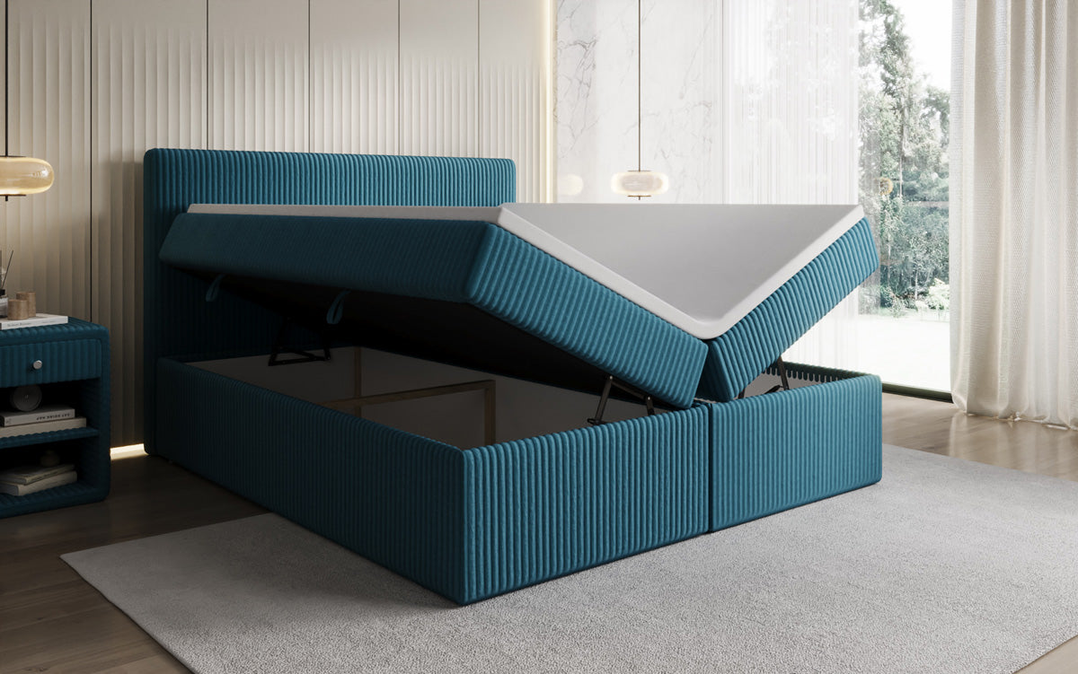 Boxspringbed Kubo in Ribstof met opbergruimte