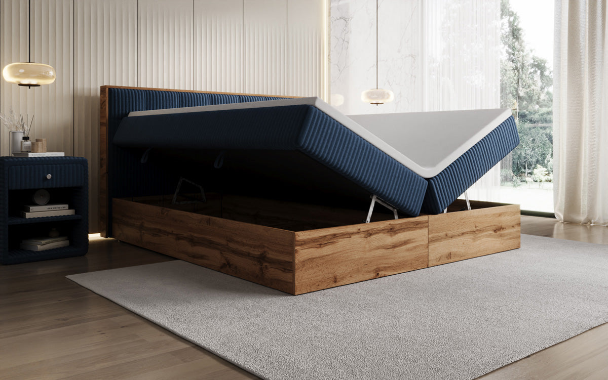 Boxspringbed Timber Quad in Ribstof met opbergruimte