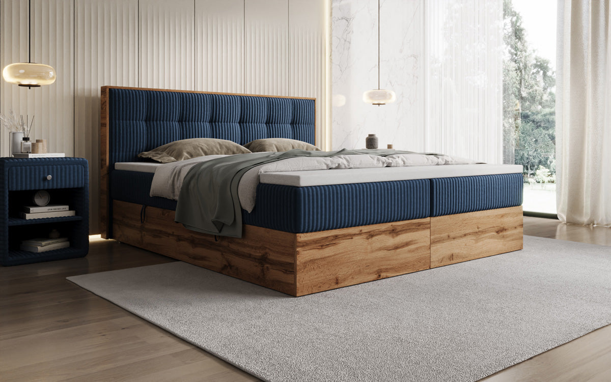 Boxspringbed Timber Quad in Ribstof met opbergruimte