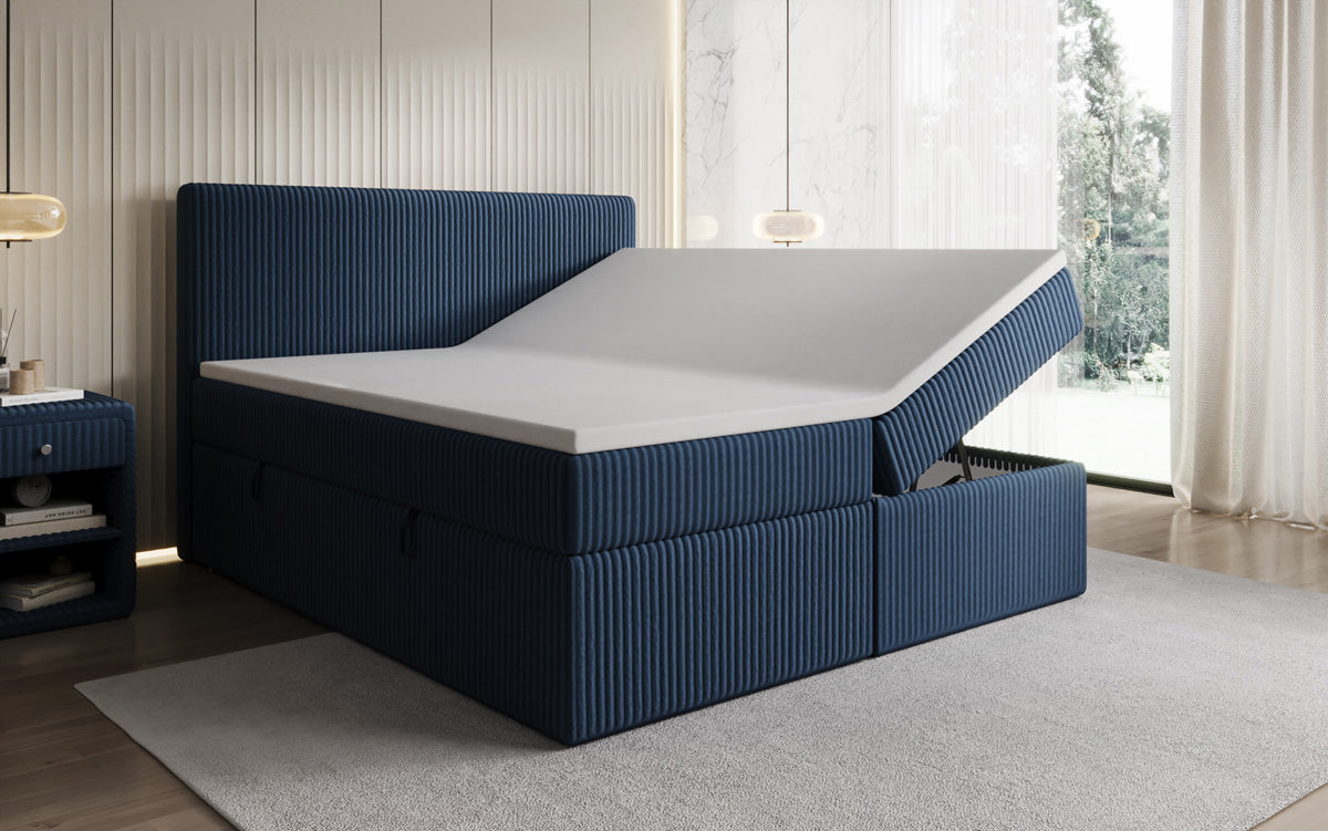 Boxspringbed Kubo in Ribstof met opbergruimte