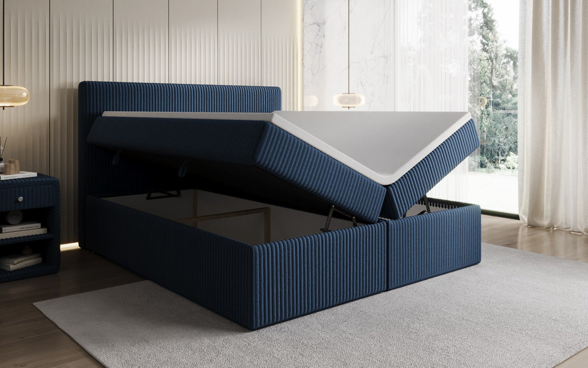 Boxspringbed Kubo in Ribstof met opbergruimte